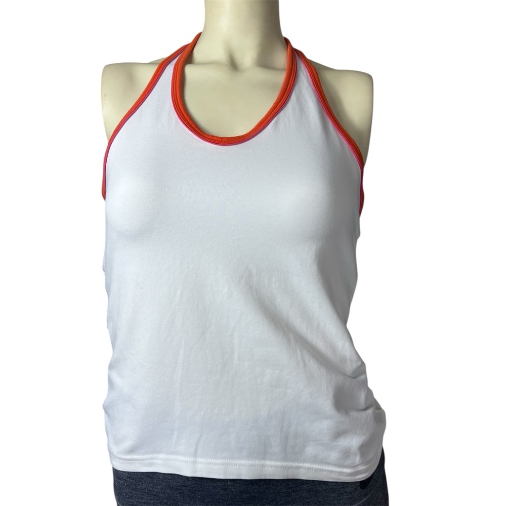 H&M Women’s Med White Halter Top W/Red & Pink built in shelf bra like new cond.